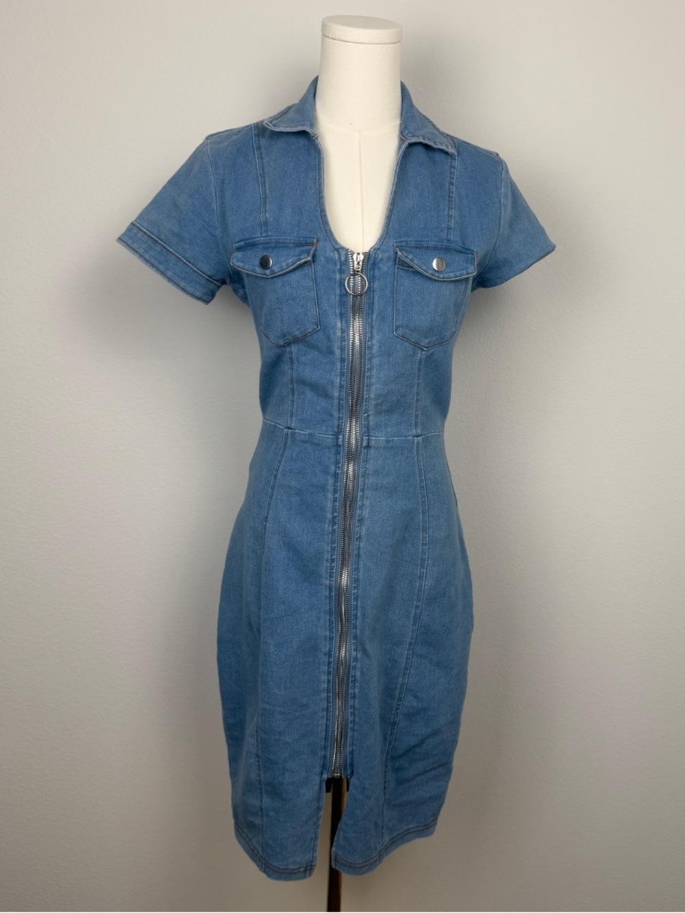 Haute Monde Light Blue Denim Shirt Dress with Collar